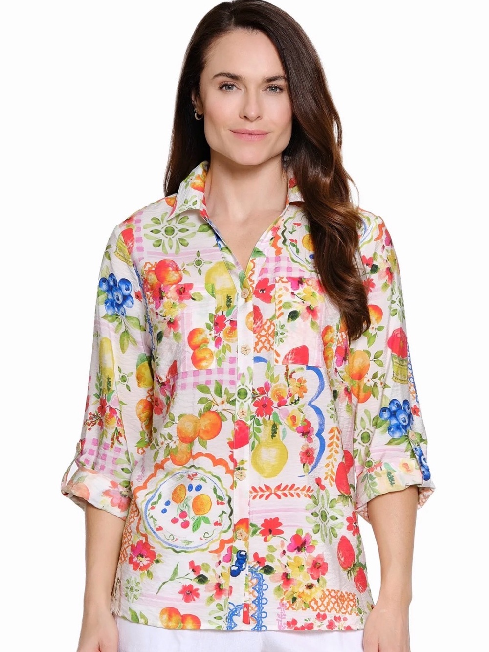 Ali miles woven blouse fruits all over 3/4 roll tab sleeve button front shirt